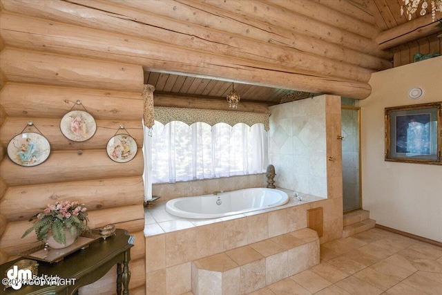 full bath featuring a stall shower, baseboards, wooden ceiling, tile patterned floors, and a garden tub