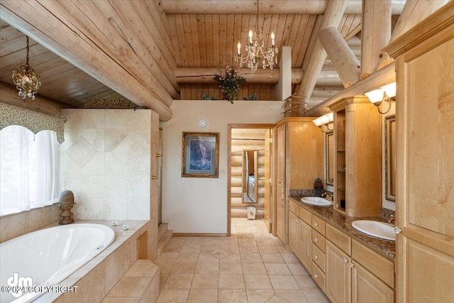 bathroom with a chandelier, wood ceiling, rustic walls, and a sink