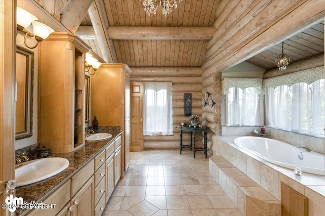 bathroom with a bath, rustic walls, a sink, and wooden ceiling