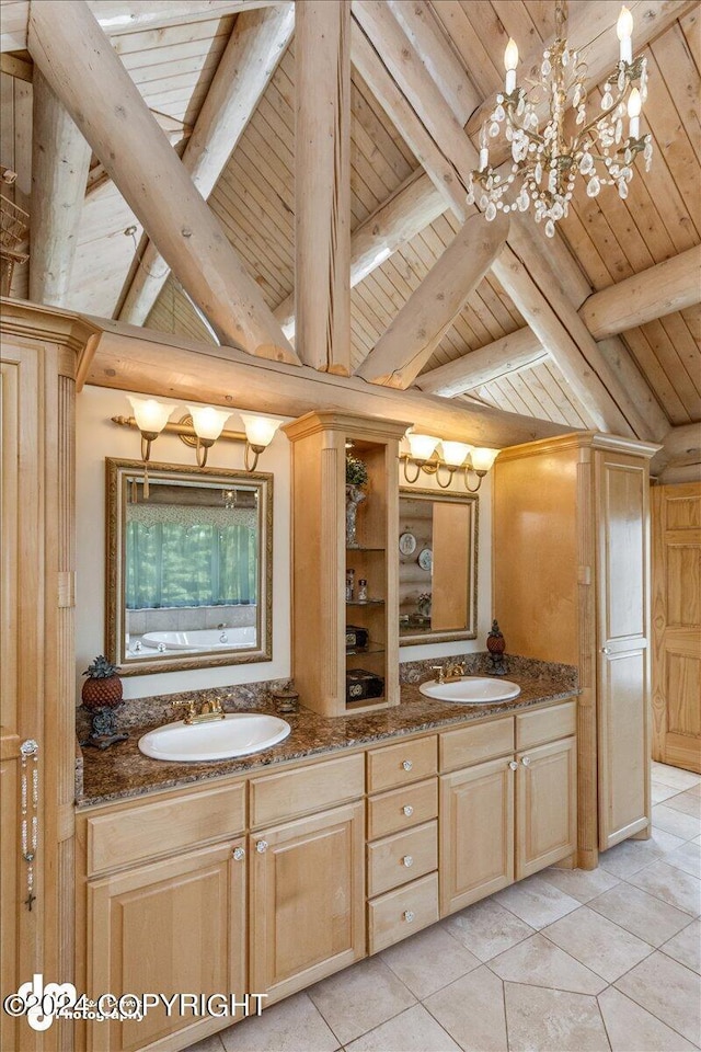 full bath featuring tile patterned flooring, wooden ceiling, a sink, and double vanity