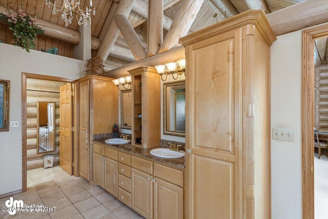 bathroom featuring double vanity, lofted ceiling with beams, wood ceiling, log walls, and a sink