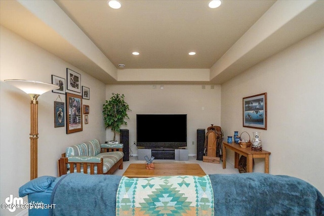 living area featuring a raised ceiling and recessed lighting