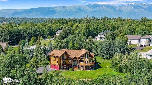 drone / aerial view with a mountain view and a view of trees