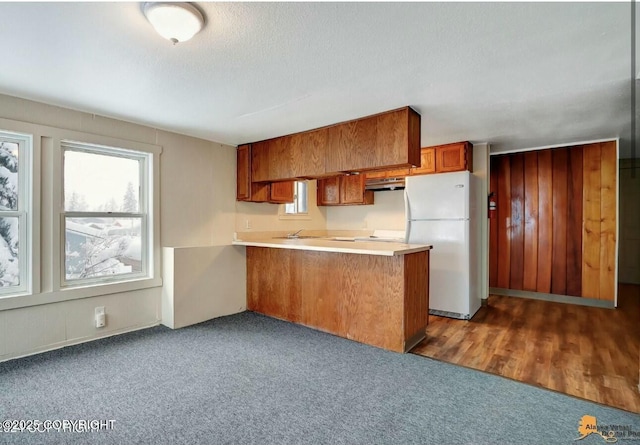 kitchen featuring a peninsula, a healthy amount of sunlight, brown cabinetry, and freestanding refrigerator