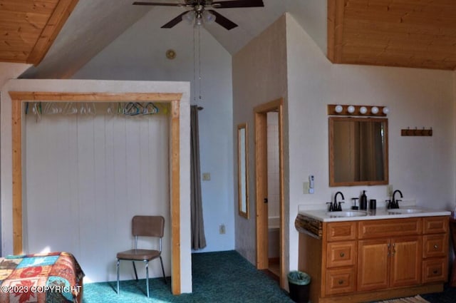 interior space featuring lofted ceiling, wood ceiling, and a sink