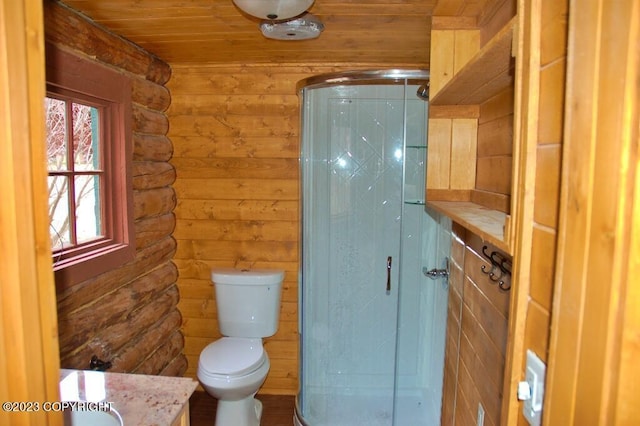 bathroom featuring rustic walls, toilet, a stall shower, wood ceiling, and vanity