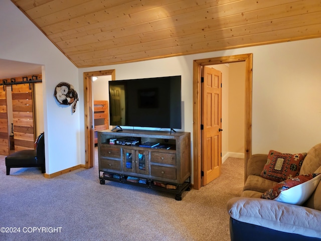 living room featuring wood ceiling, baseboards, vaulted ceiling, and carpet flooring