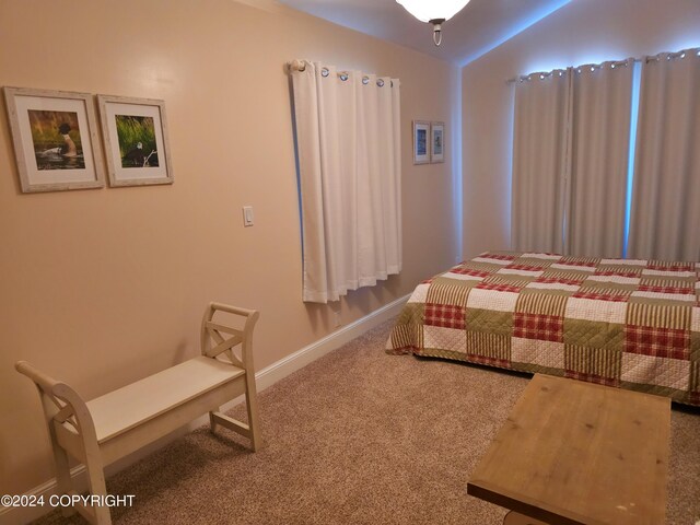 bedroom featuring carpet, lofted ceiling, and baseboards