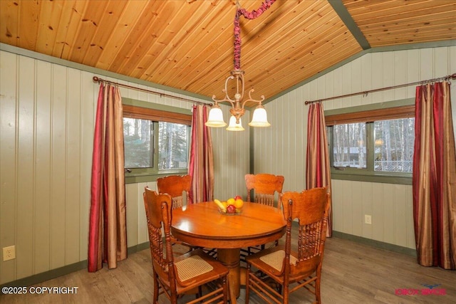 dining room with a notable chandelier, wooden ceiling, lofted ceiling, and wood finished floors