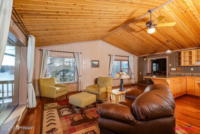 living area featuring a healthy amount of sunlight, dark wood-style flooring, and vaulted ceiling