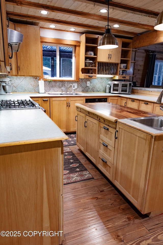 kitchen with butcher block countertops, light brown cabinetry, open shelves, dark wood-style floors, and decorative backsplash