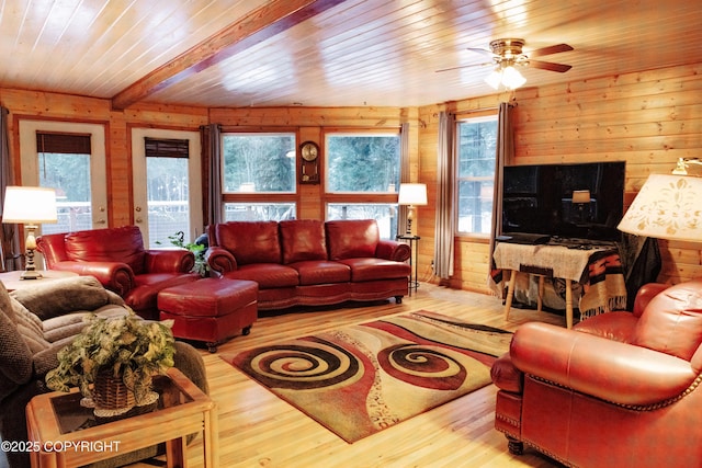 living area with wood finished floors, wooden walls, wood ceiling, and beam ceiling