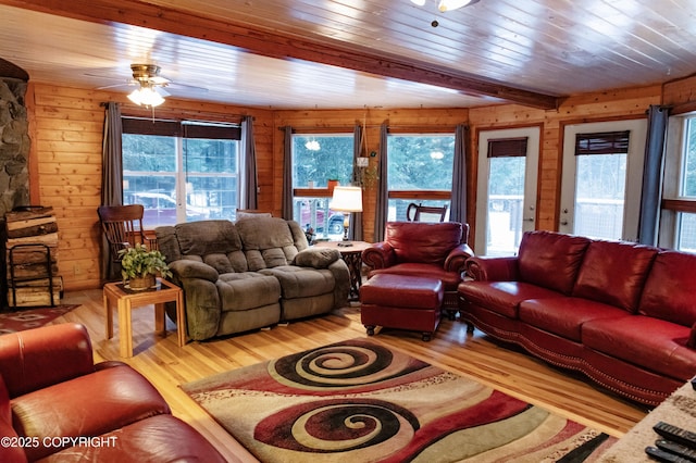 living room with a ceiling fan, wooden ceiling, wood finished floors, and wood walls