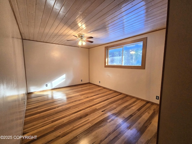 spare room featuring wood ceiling, ceiling fan, and wood finished floors