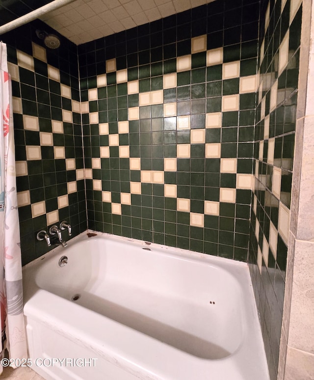 bathroom with a shower with curtain and a tub to relax in