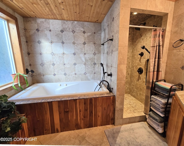 full bath featuring wood ceiling, tiled shower, tile walls, and a bath