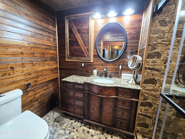 bathroom featuring vanity, toilet, and wood walls