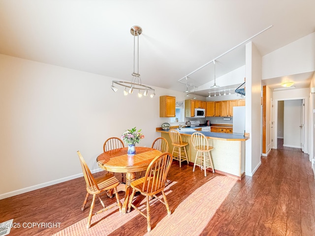 dining room with rail lighting, wood finished floors, baseboards, and vaulted ceiling