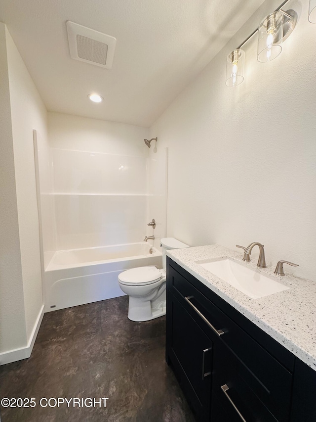 bathroom featuring visible vents, toilet, baseboards, bathing tub / shower combination, and vanity