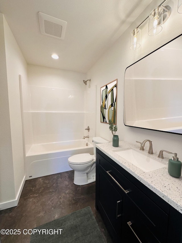 bathroom featuring shower / bathing tub combination, vanity, toilet, baseboards, and visible vents