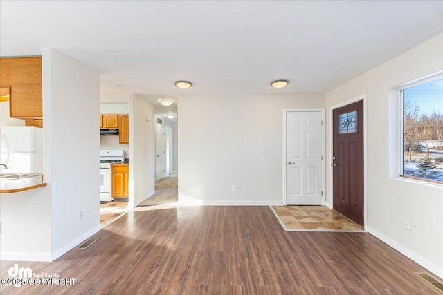 entrance foyer featuring baseboards, visible vents, and wood finished floors