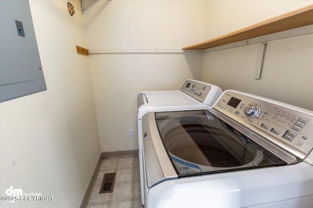 laundry room with visible vents, laundry area, electric panel, independent washer and dryer, and baseboards