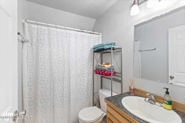 full bathroom with a shower with curtain, toilet, and vanity