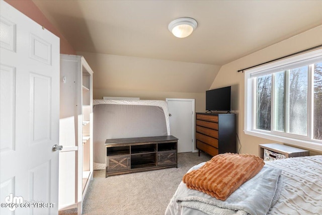 bedroom with vaulted ceiling and carpet floors