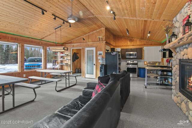 35376 Betty Lou Dr, Sterling, AK 99672 - living room with a stone fireplace, rail lighting, wood ceiling, and vaulted ceiling