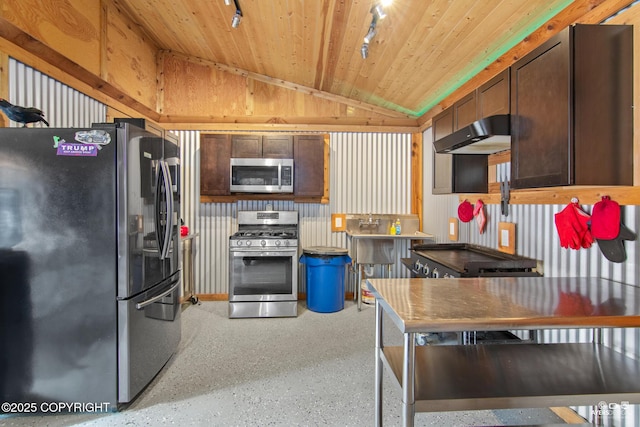 35376 Betty Lou Dr, Sterling, AK 99672 - kitchen featuring wood ceiling, appliances with stainless steel finishes, light speckled floor, and vaulted ceiling