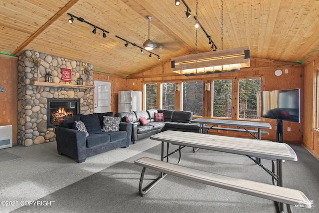 35376 Betty Lou Dr, Sterling, AK 99672 - carpeted living room with lofted ceiling, wooden ceiling, a fireplace, and wood walls