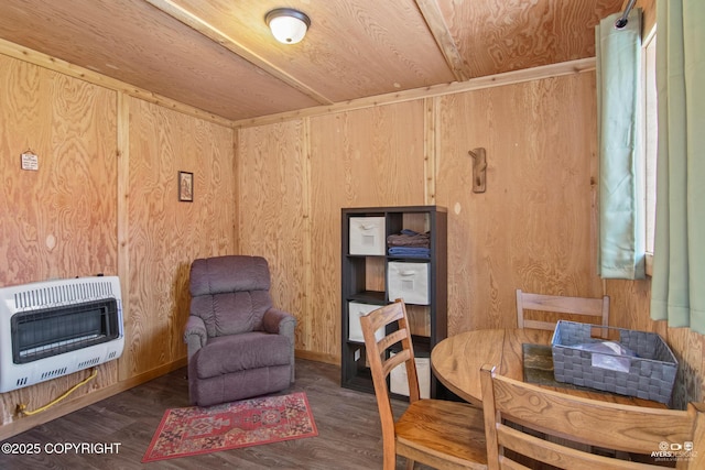 35376 Betty Lou Dr, Sterling, AK 99672 - dining area with wooden ceiling, wooden walls, heating unit, and wood finished floors