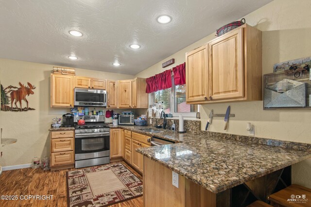 35376 Betty Lou Dr, Sterling, AK 99672 - kitchen featuring a sink, a textured ceiling, wood finished floors, stainless steel appliances, and a peninsula