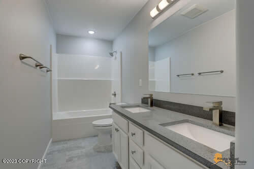 full bathroom featuring bathtub / shower combination, double vanity, toilet, and a sink