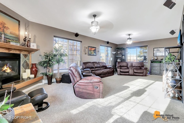 carpeted living area with a wealth of natural light, a glass covered fireplace, a ceiling fan, and a baseboard radiator