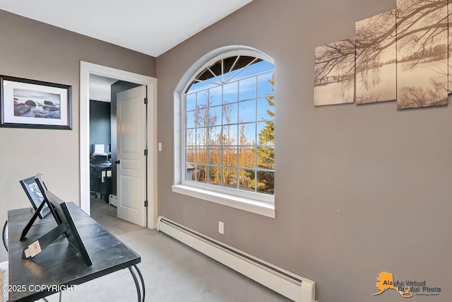 workout room featuring carpet flooring, plenty of natural light, and a baseboard heating unit