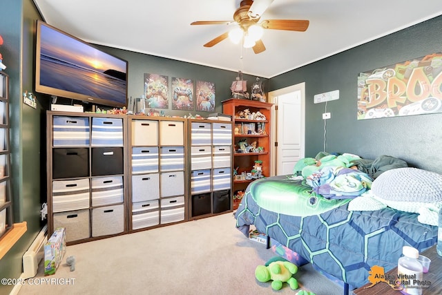 carpeted bedroom with a ceiling fan and a textured wall