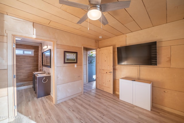 unfurnished living room featuring a ceiling fan, a sink, wood ceiling, light wood-style floors, and wood walls