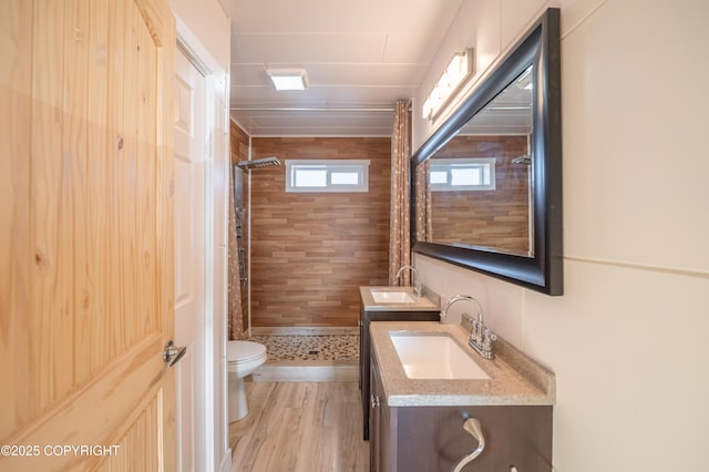 full bathroom with wood finished floors, toilet, a stall shower, and vanity