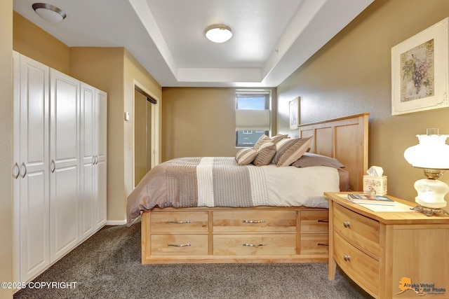 bedroom featuring dark carpet and a tray ceiling