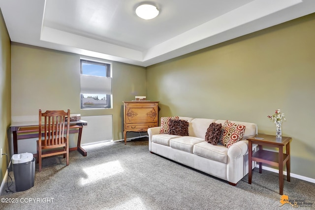 living area with carpet, a raised ceiling, and baseboards