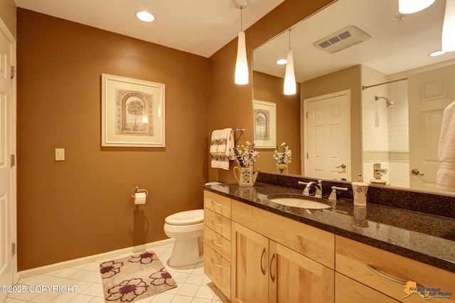 bathroom featuring tile patterned floors, visible vents, toilet, a shower, and vanity