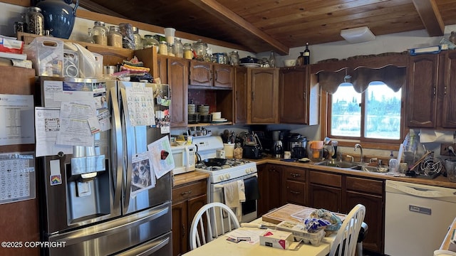 kitchen with beam ceiling, white appliances, wooden ceiling, and a sink