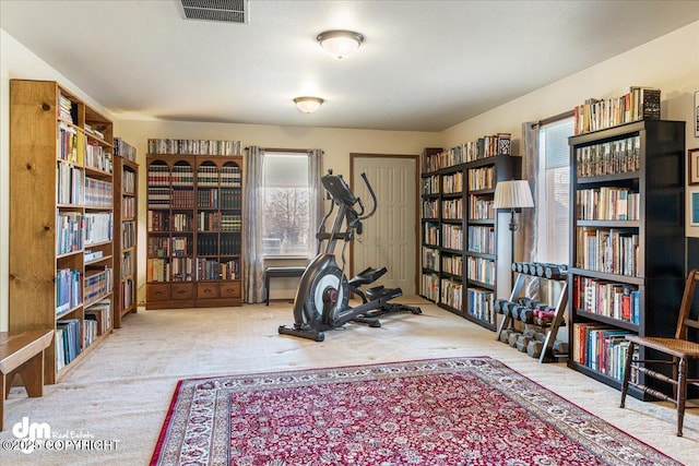 workout area featuring visible vents and carpet flooring