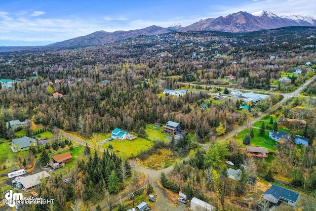 birds eye view of property featuring a mountain view and a view of trees