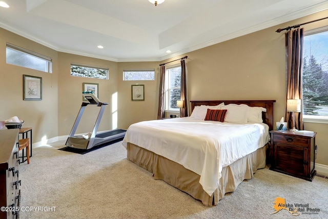 carpeted bedroom with crown molding, recessed lighting, and baseboards