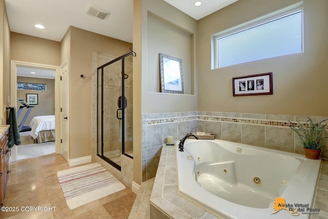 ensuite bathroom featuring visible vents, connected bathroom, a shower stall, tile patterned flooring, and a whirlpool tub