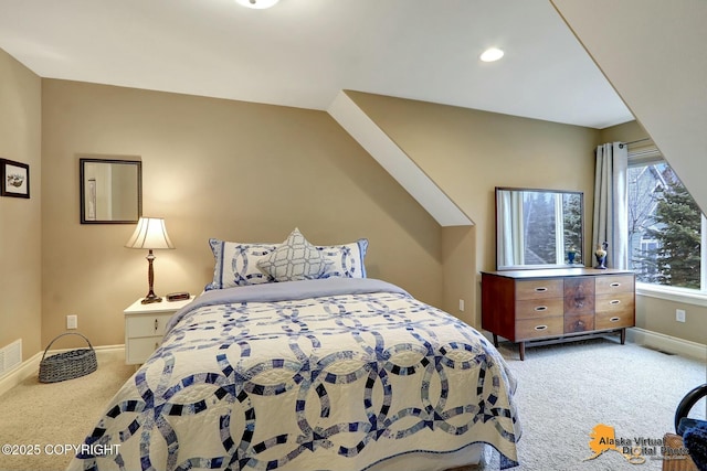 bedroom featuring carpet flooring, recessed lighting, and baseboards