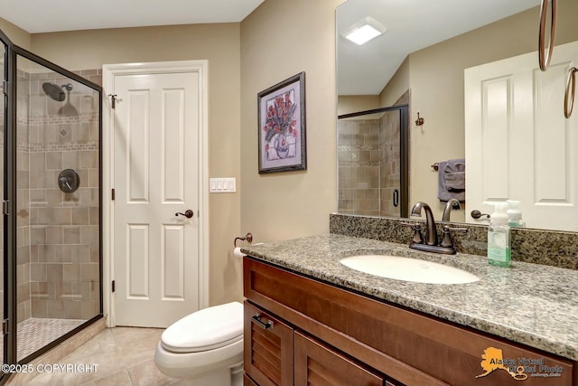 full bath with tile patterned floors, a shower stall, vanity, and toilet