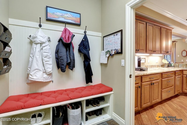 mudroom featuring light wood-style floors and ornamental molding